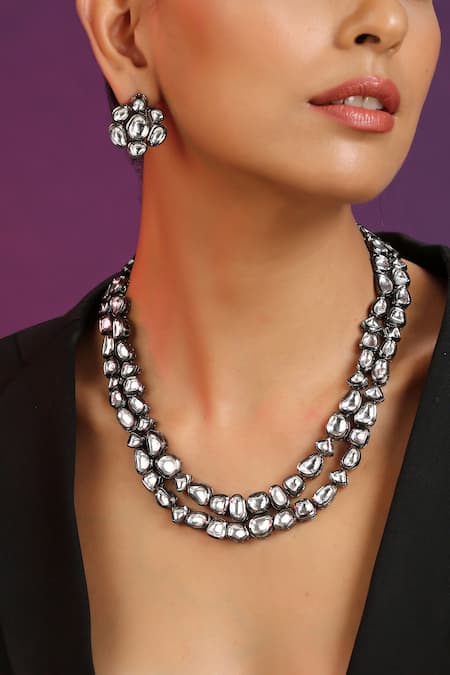 Swabhimann_Silver Plated Diamonds, Stones Layered Kundan Necklace Set _Online_at_Aza_Fashions