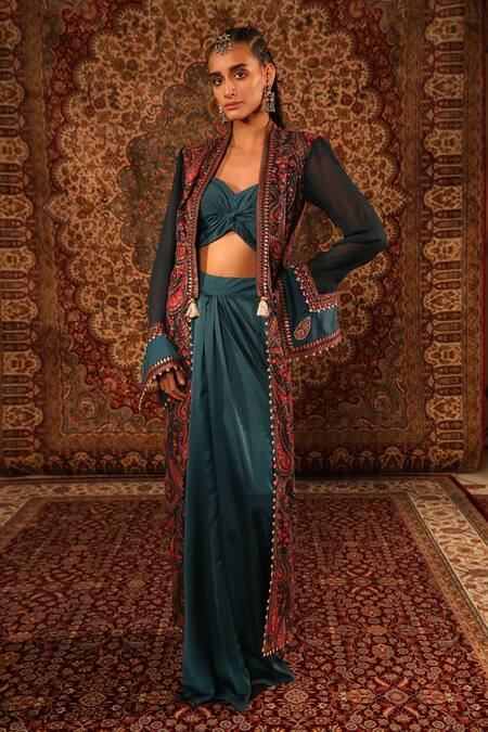 Aditi Gupta_Green Satin Woven And Embroidered Jamawar Pattern Kashida Draped Skirt Set _Online_at_Aza_Fashions