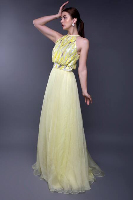 Anjum Qureshi_Yellow Organza Embroidery Sequin Halter Neck Bodice Gown _Online_at_Aza_Fashions