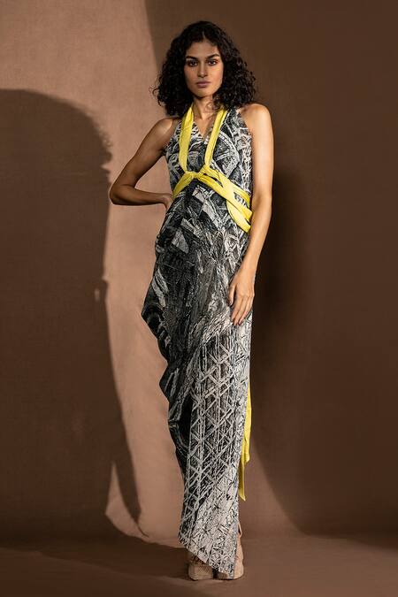 Abhishek Sharma White Poly Georgette Geometric Pattern Halter Neck Draped Gown Online at Aza Fashions Abhishek Sharma_White Poly Georgette Geometric Pattern Halter Neck Draped Gown _Online_at_Aza_Fashions