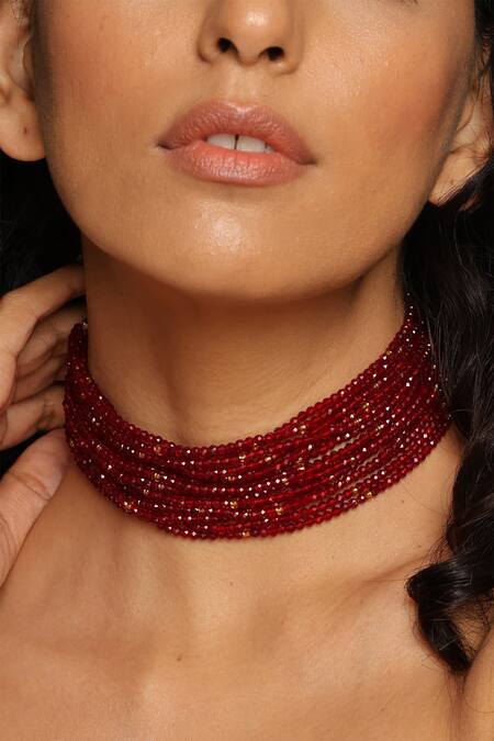 Swabhimann_Red Gold Tone Multi Layered Beaded Choker Necklace _Online_at_Aza_Fashions
