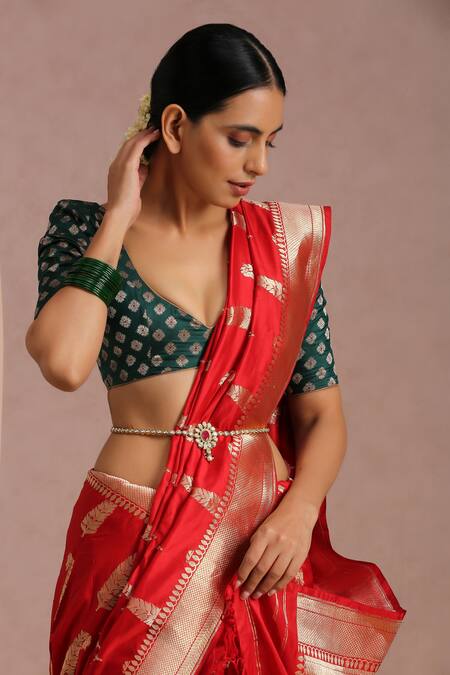 Swabhimann_Red Kundan, Stone And Beads Embellished Kamarbandh_Online_at_Aza_Fashions