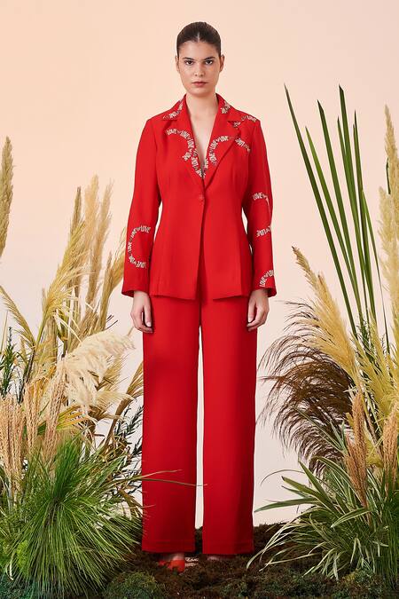 Shahin Mannan_Red Satin Crepe Thread And Beads Lapel Collar Love Circle Waist Coat And Pant Set_Online_at_Aza_Fashions