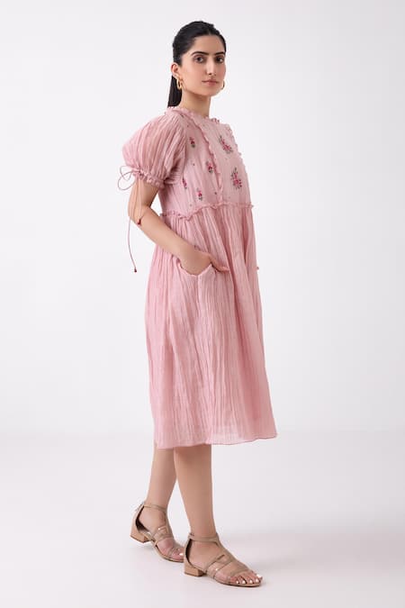 Label Shreya Sharma_Pink Chanderi Embroidery Round Neck Floral Placement Dress _Online_at_Aza_Fashions