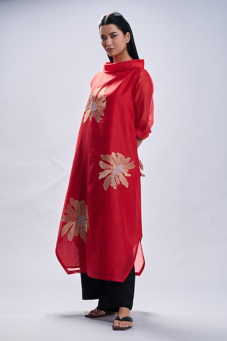 Taika By Poonam Bhagat Red Tunic Chanderi Embroidered Gold Petals Collared Neck And Pant Set Online at Aza Fashions Taika By Poonam Bhagat_Red Tunic Chanderi Embroidered Gold Petals Collared Neck And Pant Set _Online_at_Aza_Fashions