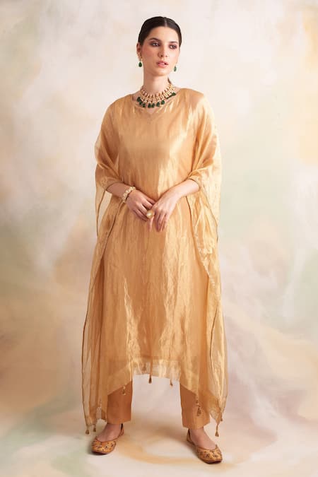 Palak & Mehak_Gold Kurta Tissue, Pant Soft Modal V Neck Flared Sleeve Kaftan And Set _Online_at_Aza_Fashions