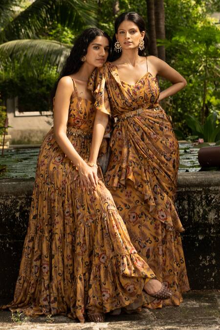 Amrin Khan Yellow Modal Satin Print And Embroidery Pre-draped Saree With Blouse Online at Aza Fashions Amrin Khan_Yellow Modal Satin Print And Embroidery Pre-draped Saree With Blouse _Online_at_Aza_Fashions