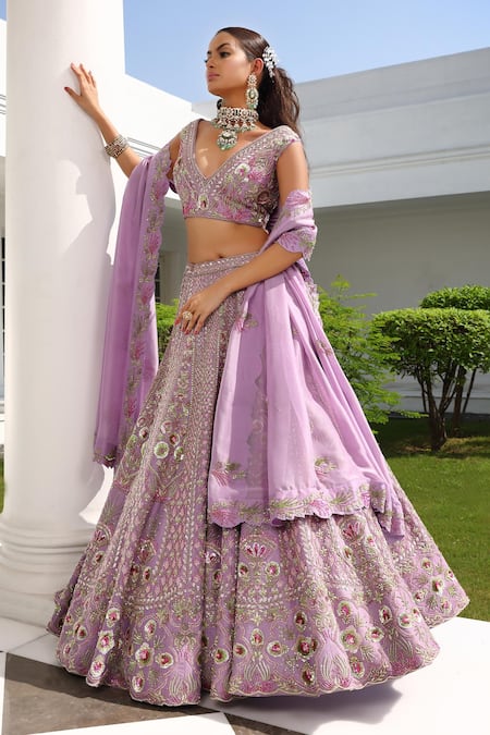 Miku Kumar_Purple Silk, Satin, Organza Flower Bloom Hand Embroidered Bridal Lehenga Set _Online_at_Aza_Fashions