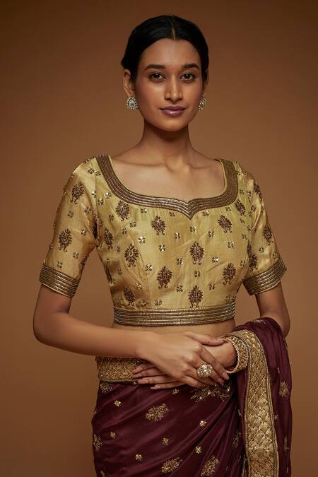 Neeta Lulla_Gold Georgette, Crepe, Silk Beads, And Embroidered Saree With Blouse_Online_at_Aza_Fashions
