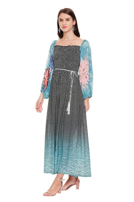 Soup By Sougat Paul_Black Chiffon, Malaysian Silk Square Neck Printed Maxi Dress _Online_at_Aza_Fashions