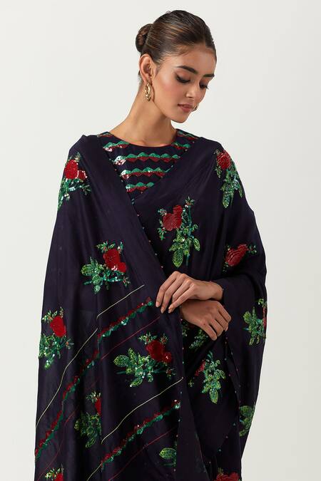 Buy_Label Earthen_Blue Chanderi Silk Embroidery Round Neck Phool Pathi Saree With Blouse _Online_at_Aza_Fashions