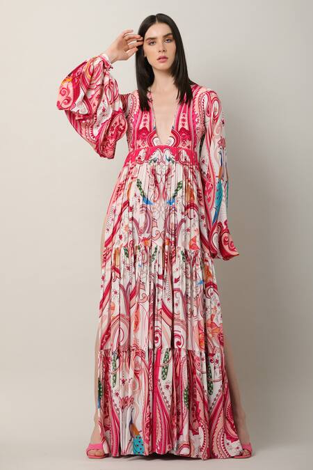 Limerick By Abirr N' Nanki_Multi Color Crepe Embroidered Paisley Hiya Balloon Sleeve Tiered Dress  _Online_at_Aza_Fashions