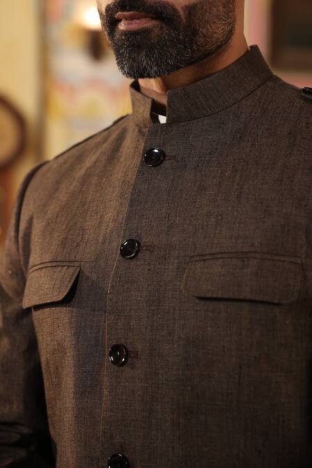 Raw & Rustic By Niti Bothra_Green Linen Plain Bandhgala And Pant Set _Online_at_Aza_Fashions