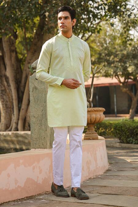 Raw & Rustic By Niti Bothra_Green Linen, Cotton Embroidery Lucknowi Kurta _Online_at_Aza_Fashions