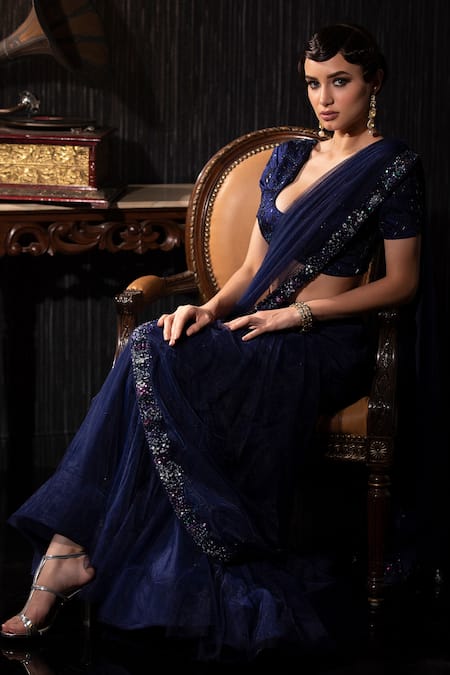 Shilpi Gupta_Blue Silk Satin, Net Sequins, Border Embroidered Pre-draped Saree With Blouse _Online_at_Aza_Fashions