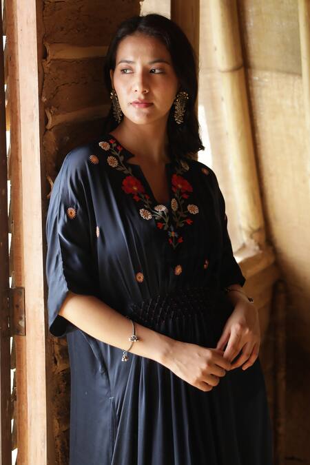 Raiman_Blue Modal, Satin Embroidery V-neck Smocked Kaftan Dress _Online_at_Aza_Fashions