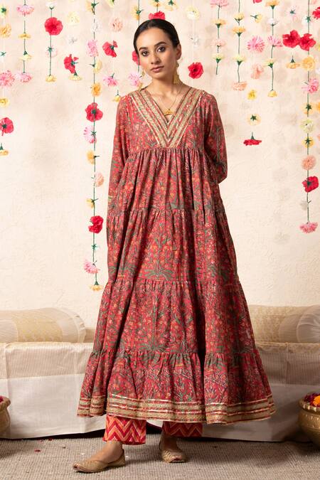 Marche_Peach Cotton V Neck Hand Block Print Anarkali Set _Online_at_Aza_Fashions