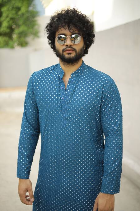 Hilo Design_Blue Georgette Embroidery Mirror Teal Kurta For Kids_Online_at_Aza_Fashions
