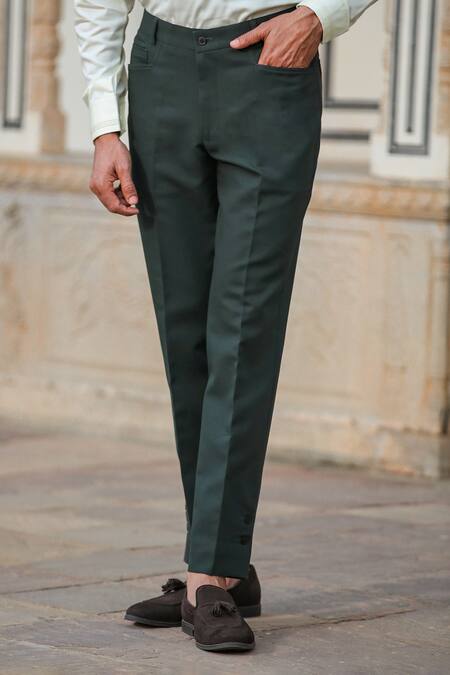 Raw & Rustic By Niti Bothra_Green Cotton Handcrafted Buttoned Hem Jeans_Online_at_Aza_Fashions