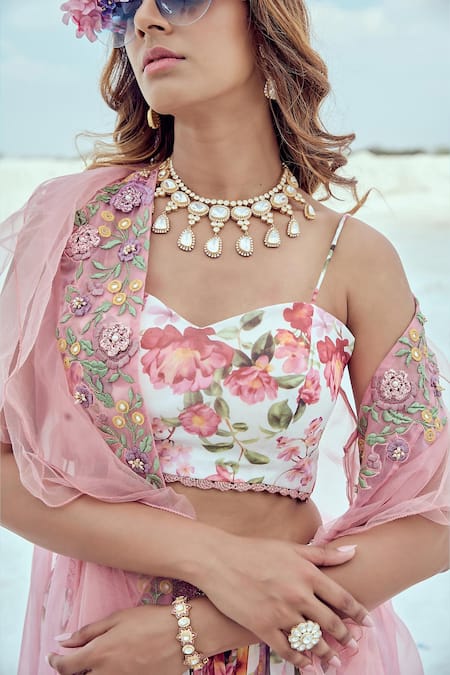 Nikita Vishakha_Pink Georgette, Silk Organza, Net Ruffle Cape And Printed Lehenga Skirt Set _Online_at_Aza_Fashions