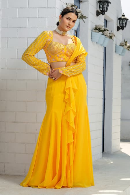 Tamaraa By Tahani_Yellow Georgette, Tulle Sequins, Beads, Lehenga Saree With Embroidered Blouse _Online_at_Aza_Fashions