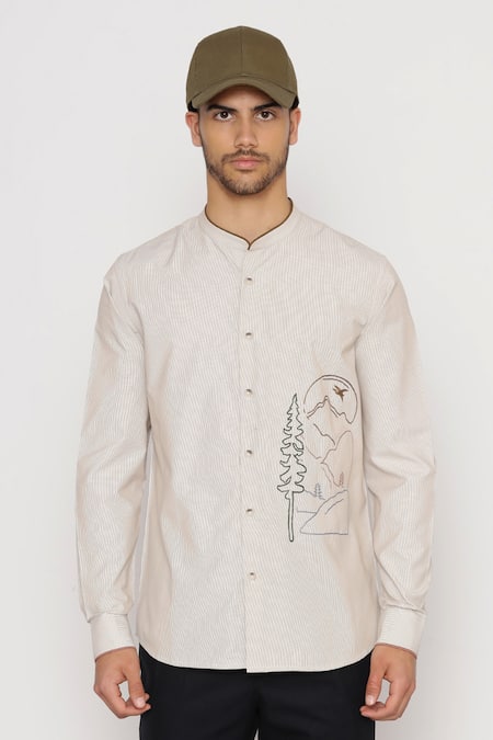 Lacquer Embassy_Beige Cotton Embroidery Lambeth Striped Pattern Shirt _Online_at_Aza_Fashions