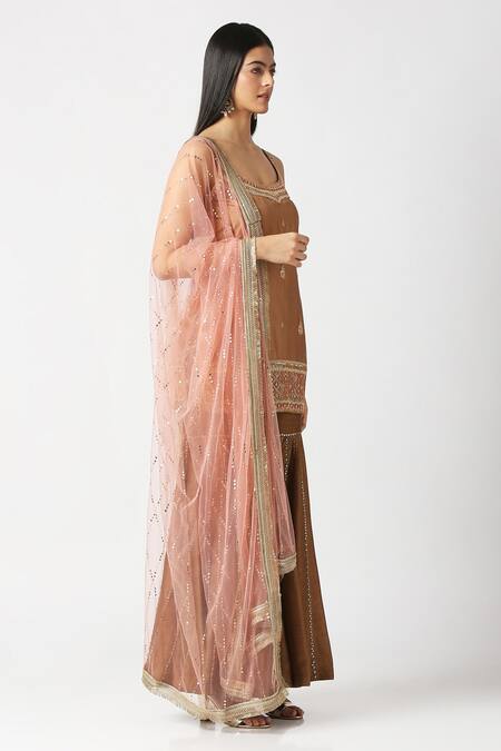 Labbada_Brown Kurta Pure Silk Hand Embroidered Marodi Scoop U Neck Short Sharara Set_Online_at_Aza_Fashions
