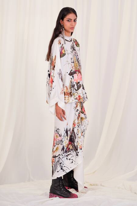 AK-OK_White Silk Embroidery Round Neck Flower And Ostrich Print Top With Skirt _Online_at_Aza_Fashions