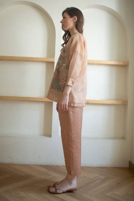 Oja_Cream Handloom Silk Floral Applique V Neck Embroidered Shirt And Pant Set _Online_at_Aza_Fashions