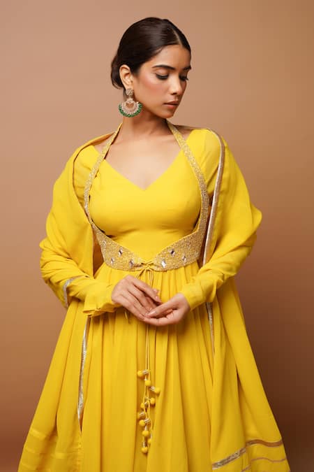 Ahi Clothing Yellow Georgette, Linen Embroidery, Gota Patti, Gathered Sleeve Anarkali Set Online at Aza Fashions Ahi Clothing_Yellow Georgette, Linen Embroidery, Gota Patti, Gathered Sleeve Anarkali Set _Online_at_Aza_Fashions