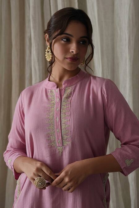 Kanika Sharma Pink Modal Pearls Mandarin Collar Crinkled Cotton Embroidered Kurta And Pant Set Online at Aza Fashions Kanika Sharma_Pink Modal Pearls Mandarin Collar Crinkled Cotton Embroidered Kurta And Pant Set _Online_at_Aza_Fashions