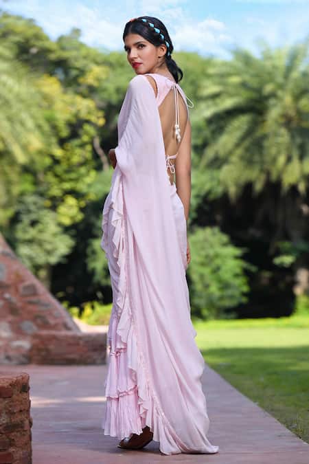 Tarini Vij_Pink Georgette Sequin Plunge V Neck Ruffle Layered Saree With Blouse _Online_at_Aza_Fashions