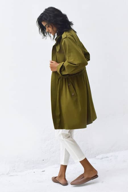 Kharakapas_Green Twill Collared Ash Tree Parka Jacket _Online_at_Aza_Fashions