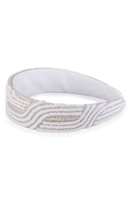 Hair Drama CO_White Cutdana And Beads Geometric Embellished Headband _Online_at_Aza_Fashions