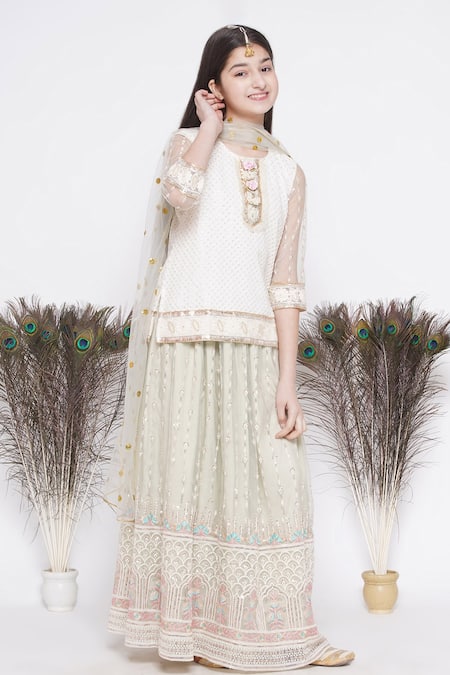 Little Bansi_Green Cotton, Net Sequins, Pearls, Embroidery Embellished Lehenga Set _Online_at_Aza_Fashions