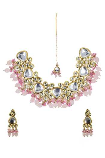 Ishhaara_Multi Color Beads, Diamonds Geometric Pattern Embellished Choker Set _Online_at_Aza_Fashions