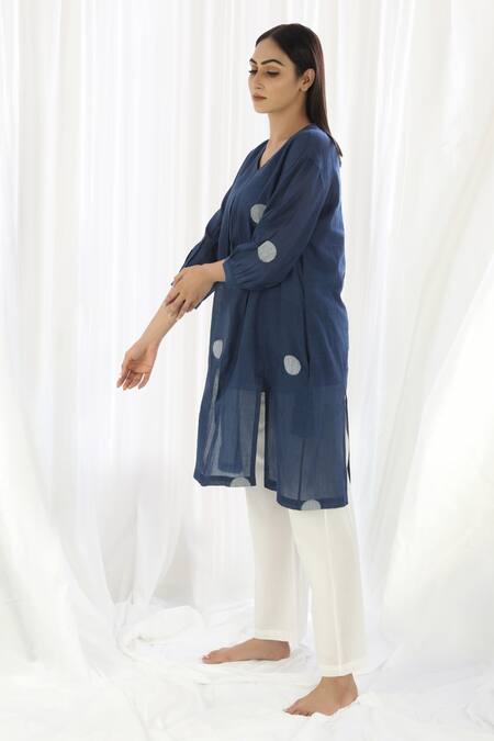 Khat_Blue Cotton V-neck Handwoven Polka Pattern Tunic And Pant Set _Online_at_Aza_Fashions