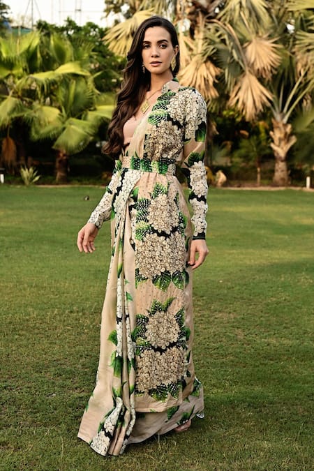 Sanam_Beige Silk, Organza Sequins, Beads, Cut Elea Floral Pattern Jacket Saree Set _Online_at_Aza_Fashions