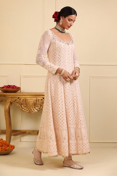 Esha Koul_Off White Georgette, Crepe Embroidery, Sequins Boat Chikankari Work Anarkali Set_Online_at_Aza_Fashions