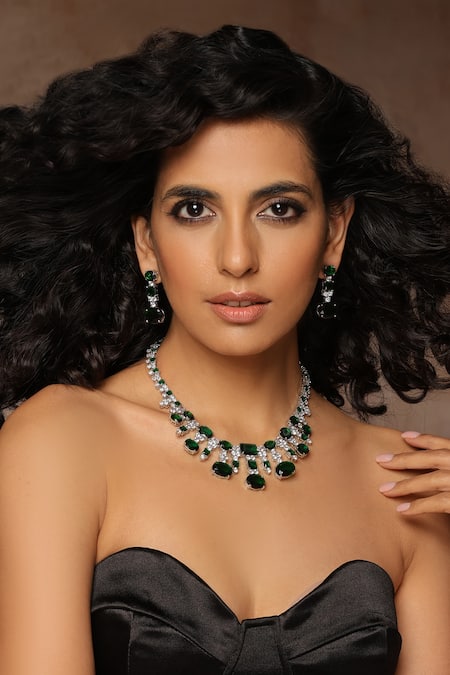 Swabhimann_Green Crystals Zirconia Embellished Necklace Set _Online_at_Aza_Fashions