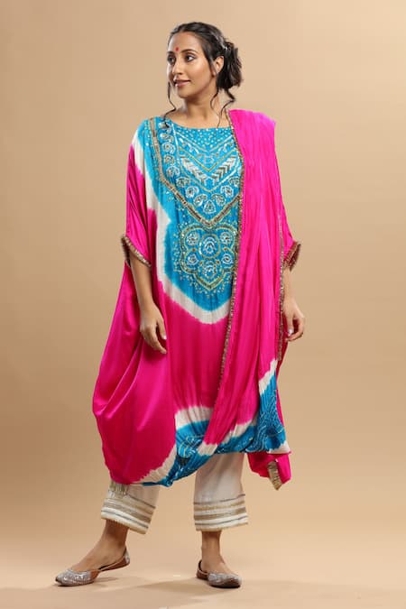 Etasha By Asha Jain_Fuchsia Satin Embroidery, Zari Round Bandhani Pattern Draped Kaftan And Pant Set _Online_at_Aza_Fashions