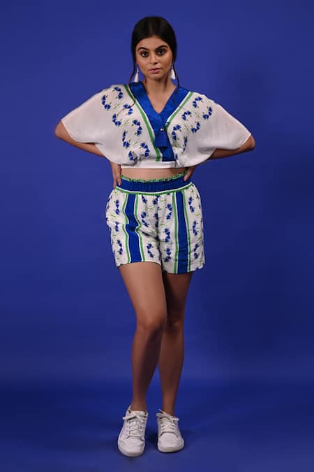 Rimi Nayak White Modal V-neck Floral Print Overlapped Crop Top Online at Aza Fashions Rimi Nayak_White Modal V-neck Floral Print Overlapped Crop Top _Online_at_Aza_Fashions