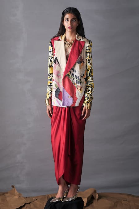 AK-OK_Red Satin Embroidery Graphic Print Blazer _Online_at_Aza_Fashions