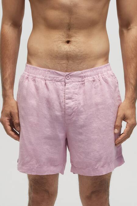 Terra Luna_Pink 100% Linen Solid Shorts _Online_at_Aza_Fashions