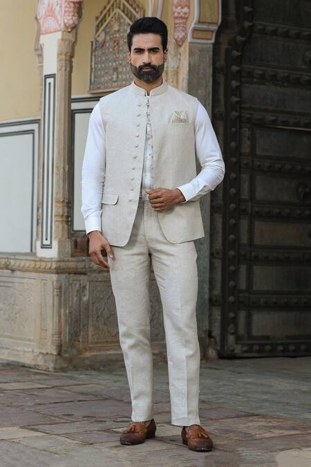 Raw & Rustic By Niti Bothra_Beige Linen Bundi And Pant Set _Online_at_Aza_Fashions