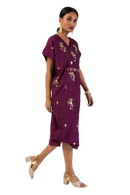 Meghna Shah Wine Denim Beads, Stones V-neck Embroidered Kaftan Dress With Belt Online at Aza Fashions Meghna Shah_Wine Denim Beads, Stones V-neck Embroidered Kaftan Dress With Belt _Online_at_Aza_Fashions
