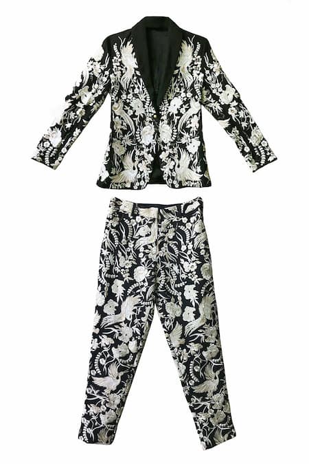 Dash And Dot_Black 20% Viscose, 3% Elastane, 77% Polyester Gara Stitch Work Jacket And Pant Set _Online_at_Aza_Fashions