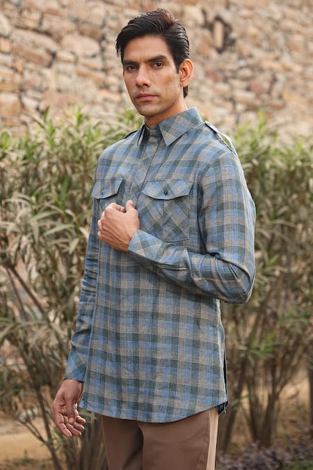 Raw & Rustic By Niti Bothra_Blue Linen Checkered Kurta Shirt_Online_at_Aza_Fashions