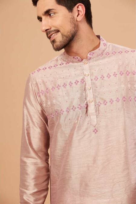 Hilo Design_Beige Cotton, Lycra, Silk Embroidery Florne Mandarin Collar Kurta Set _Online_at_Aza_Fashions