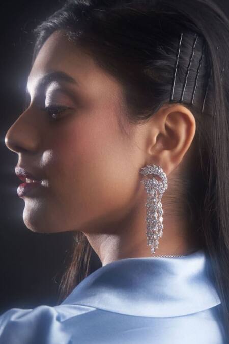 Mozaati_Silver Plated Crystals, Cut Work Freya Cubic Zirconia Embellished Earrings _Online_at_Aza_Fashions